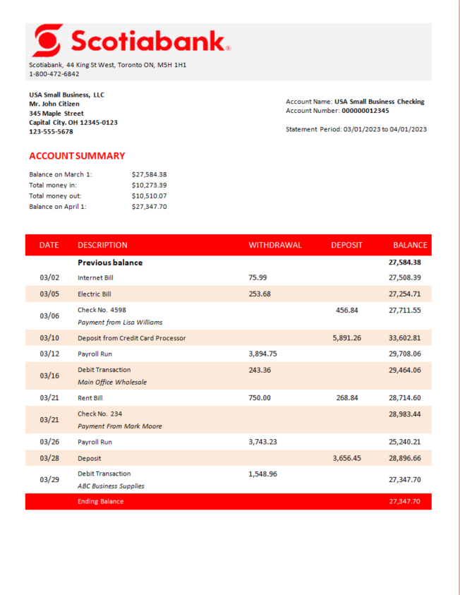 Download Scotiabank  Bank organization statement Word and PDF template Photoshop template